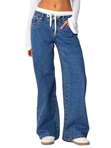 Cicy Bell Womens Wide Leg Jeans High Waisted Drawstring Color Block Patchwork Baggy Loose Y2K Denim Pants with Pockets