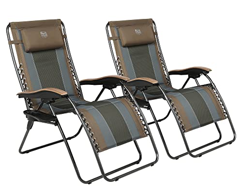 TIMBER RIDGE Outdoor Reclining Padded with Adjustable Headrest and Cup Holder Foldable Zero Gravity Lawn Chair for Adults Supports 350 LBS Brown-2 Pack