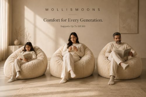 Image of Mollismoons Lounge Set | Luxury Faux Fur Bean Bag Chair + Round Floor Cushion | Ultra Soft Washable Cover Only (Without Beans) Signature Collection (Beige, Lounge Set)