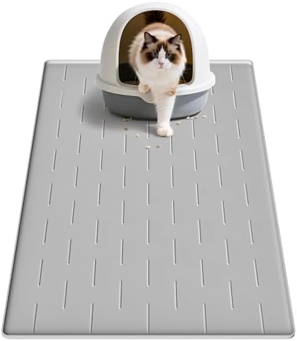 Pieviev Silicone Cat Litter Trapping Mat, 34''x22'' Large Cat Litter Mat, Easy to Clean & Soft on Kitty Paws, Waterproof Kitty Litter Pads for Indoor Cats, Light Grey