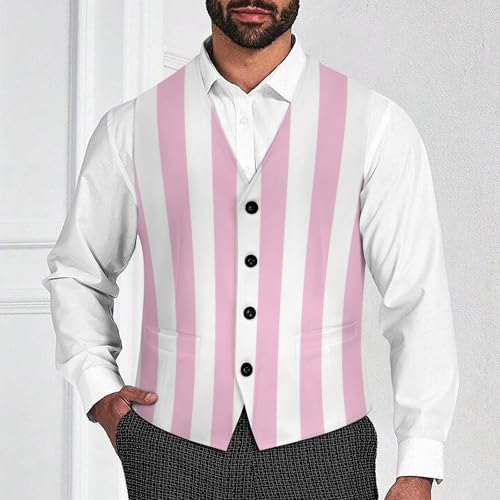 Pink And White Stripes Men's Suit Vest Slim Fit V-Ncek Waistcoat Business Casual Vest2