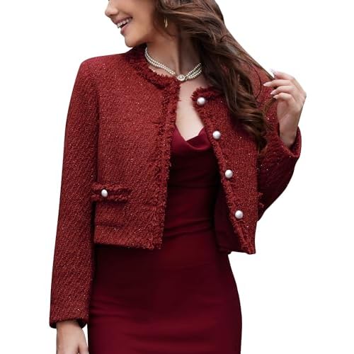 M.Infisavo Tweed Blazer Jackets for Womens with Pockets, Cropped Long Sleeve Open Front Collarless Elegant Casual Cardigan