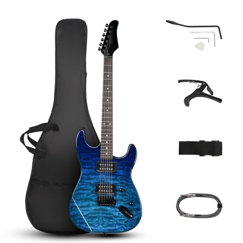 Ktaxon 39 Inch Electric Guitar, Full Size Solid Body H-H Pickups 6 Strings Beginner Guitar Kit With Upgrade Cable & Guitar Capo, Tremolo Arm, Gig Bag & Strap (Ocean Blue)