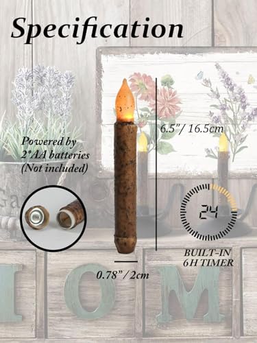 Image of 12Pcs 6.5'' Real Wax Primitive Taper Candles with 6H Timer | Auto-on 6 Hours and Off 18 Hours Everyday,Hand DHand Dipped for Rustic Window Decoration