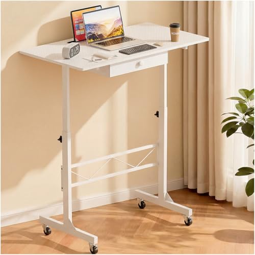 Image of COMHOMA Portable Standing Desk Adjustable Height 30.7 inch-46.4 inch, Standing Desk with Drawers, Mobile Rolling Computer Desk for Home Office Work and Walking Pad Treadmill, Carbon Fiber White