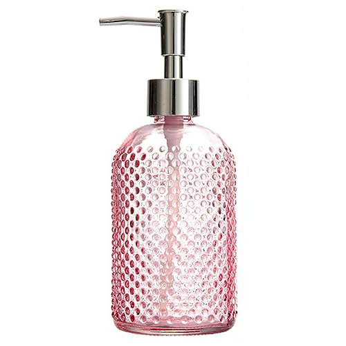 Sizikato Botella dispensadora de jabón de vidrio con superficie de cuentas con bomba, rosa, 13 onzas