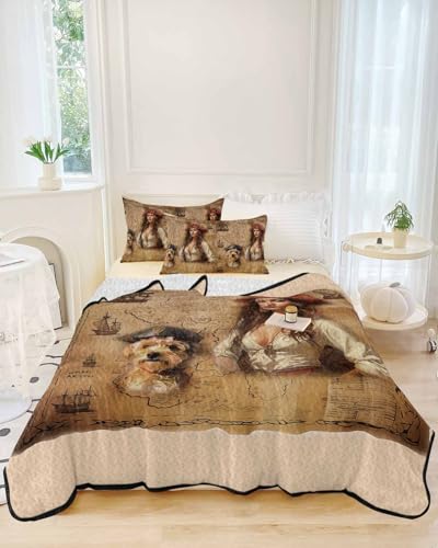 Quilt Set King Size 3 Pieces Quilted Bedspread-Thin Soft Cozy, Pirate Girl Cute Dog Treasure Map Reversible Stitched Lightweight Quilt Coverlet Bedding Sets for All Season (1 Quilt, 2 Pillow Shams)
