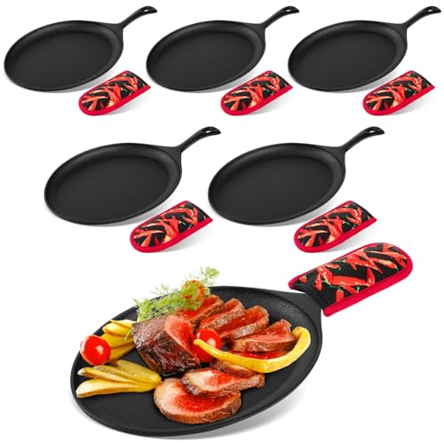 Lallisa 6 Set Cast Iron Fajita Plate Set Sizzler Pan with Anti Scald Protection Hot Mitt Sizzling Plate Fajita Skillet Cast Iron Skillet Set for Barbeque Kitchen Party Restaurant Catering Service