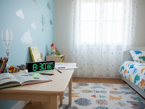 Image of zyzamay 7-Inch Modern LED Digital Alarm Clock with Dual Alarms & Soft Bottom Light｜Displays Time, Date, Day, Temperature ｜3-Level Auto /Manual Brightness, DST, USB or Battery Powered Desk Clock,Green