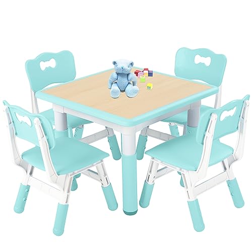 Image of FUNLIO Kids Table and 4 Chairs Set, Height Adjustable Toddler Table and Chair Set for Ages 3-8, Easy to Wipe Arts & Crafts Table, for Classrooms /Daycares /Homes, CPC & CE Approved (5-Piece Set) - Green