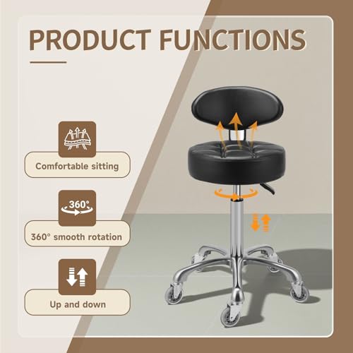 Image of Kaleurrier Rolling Stool with Back Rest, Swivel Chair Adjustable Height, Heavy Duty Stools for Kitchen Salon Bar Office Garage Shop Massage (with Back Rest) (Black)