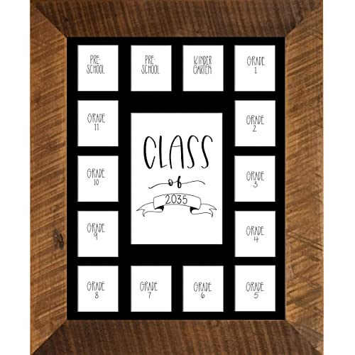 Image of Rustic Red Door Co. School Years Reclaimed Wood Picture Frame - 11x14 Wooden Framed 15 Photo Collage Mat Pre-School & Kindergarten to 12th Grade High School Graduation (Class of 2035, Black)