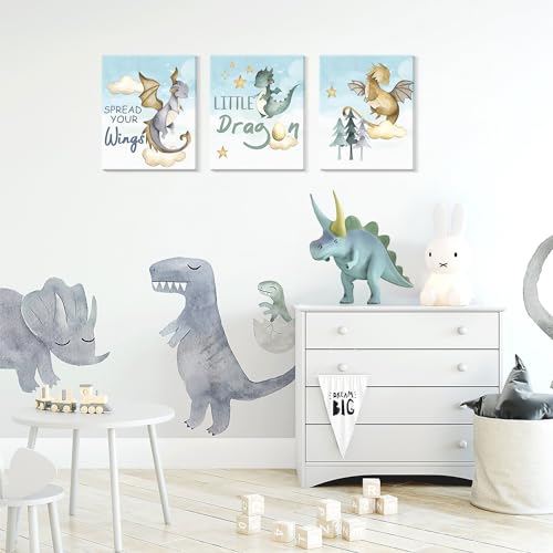 Image of CHDITB Dinosaur Canvas Wall Art Nursery Wall Decor, Set of 6(8x10 inch) Cute Dream Dinosaur Cub Framed Art Prints, Baby Dinosaurs Cartoon Castle Animals Poster For Children's Boy Kids Room Bedroom