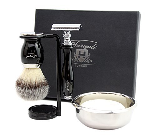 Set di rasatura completo con rasoio classico Old School con setole sintetiche + doppio supporto per entrambi e ciotola + sapone. Grande aggiunta a qualsiasi collezione – Ottimo come regalo
