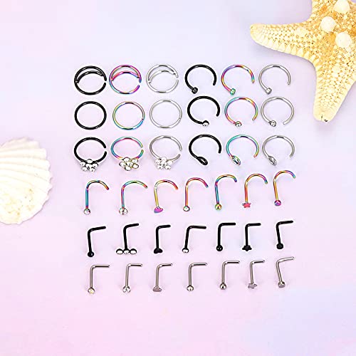 Longbeauty 32Pcs C-Shaped Nose Ring L-Shaped Nose Studs Bone Tragus Cartilage Hoop Rings Piercings 20G For Men Women #TOP2