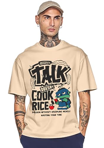 Image of LEOTUDE Half Sleeve Oversized Tshirt for Men, Round Neck Cottonblend Drop Shoulder Printed T-Shirt (Black Color)