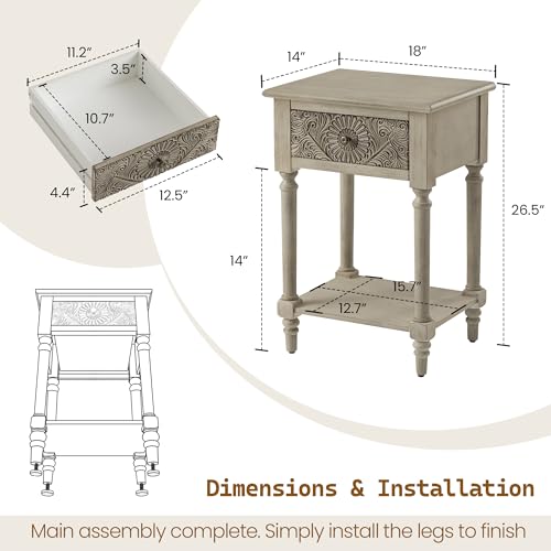Image of SUNBURY Vintage Nightstand Set of 2, Wood Small Bedside Table with Drawer and Open Shelf, Shabby Accent End Side Table for Living Room, Bedroom