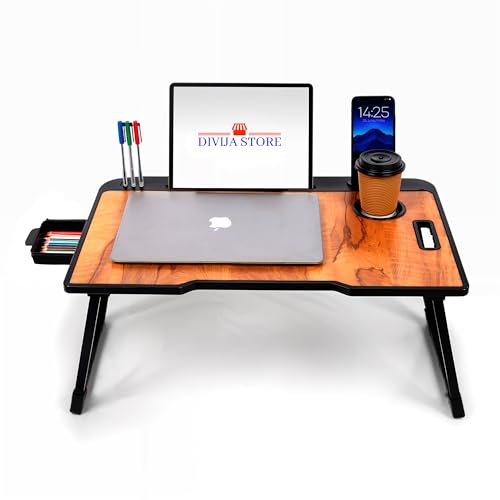 Image of Foldable Wooden Laptop Bed Tray Table, Multifunction Lap Tablet Desk with Cup Holder, for Eating Breakfast, Reading Book, Working, Watching Movie on Bed (Wood)