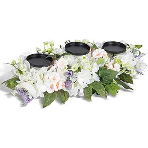 Art Beauty Floral Candle Holder Centerpiece Spring Summer Decor White Hydrangea Pillar Candle Holder for Dinning Table Tabletop Mantle Cover