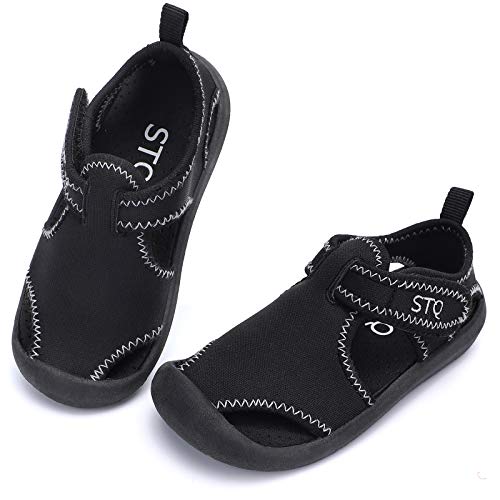 STQ Toddler Water Shoes Boys Girls Quick Dry Closed-Toe Aquatic Sport Sandals for Summer All Black 9 M US Toddler