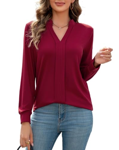 FaerieFlair Ladies Tops Long Sleeve Casual Loose Tunic Blouses Plain V Neck Shirts Fall Teacher Wedding Guest Outfits Maternity Clothes Size 10-12 Wine Red