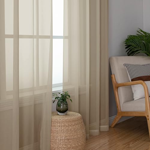 Image of Simplebrand Taupe Sheer Curtains 96 Inches Long, Light Filtering Light Brown Rod Pocket Solid Color Window Sheer Curtain Panels, Elegant Curtains & Drapes for Living Room, Bedroom 2 Panels, 42 inch W