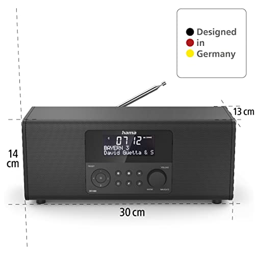 Hama Digitální rádio DR1400 (DAB/DAB+/FM, rádiový budík se 2 časy alarmu/snooze/časovačem, 4 tlačítka stanic, stereo, osvětlený displej, kompaktní digitální rádio) černé