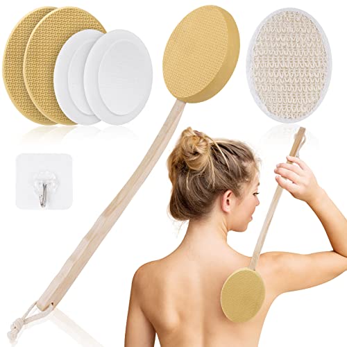 URAQT Aplicador Crema Espalda, 7 Pack Aplicador de Loción de Mango Largo, 2 en 1 Cepillos de Cuerpo para Autoaplicación y Ducha con 4 Almohadillas de Esponjas, Esponja Exfoliante de Lufa (Marrón)