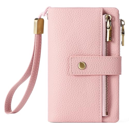 SENDEFN Small Wallet for Women Leather RFID Blocking Wristlet Wallet Credit Card Holder with Double Zipper Coin Purse Ladies Bifold Purse