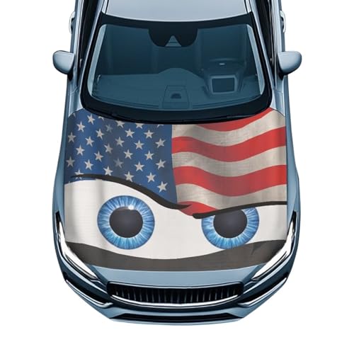 Image of American Flag Eyes Car Hood Cover Stretch Polyester Cover for Car Hood Waterproof Automotive Accessories Easy Installation for Car Hood Decoration and Protection
