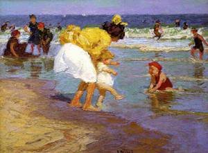Peinture à l'huile At The Seaside 1915 Edward Potthast Tableau Impressionniste Toile Plage