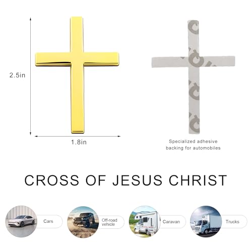 Image of 2PCS Metal Christian Cross Emblem Stickers, 2.5x1.8in 3D Jesus Christ Auto Emblem Badge Decal, Self-Adhesive Styling Cross Decal Decoration for Trunk Tailgate Side Fender (Golden)