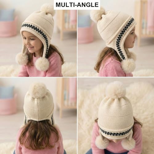 Image of Kraptick Children's Winter Cap: Velvet Thick Warm Woolen Knit Hat with Ear Protection for Children Stylish Korean Beanie with Long Pompom Ears & Fleece Lining Perfect for Winter -4