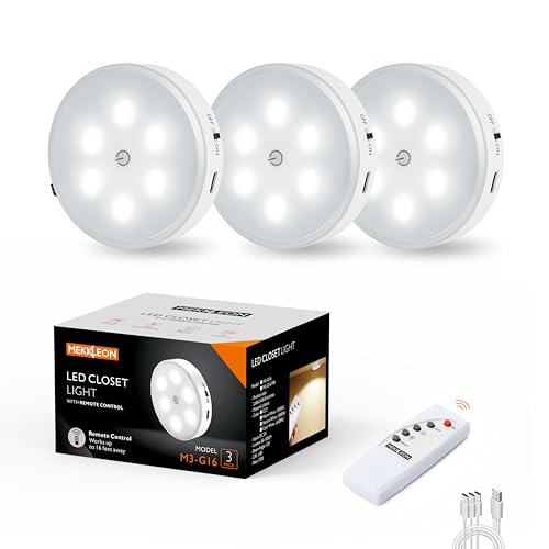 MEKKLEON Luz LED vitrine recarregável USB, luz de armário, 3 pacotes luzes noturnas LED sem fios com remoto, 4000 K luz com regulação remota, para armário, corredor, escada, porão, cozinha, garagem