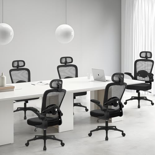 Image of KLASIKA Desk Chairs with Wheels, Ergonomic Mesh Back Home Office Chair with Headrest, Adjustable Lumbar Support Swivel Rolling Computer Chairs with Flip Up Arms for Conference Meeting Room, Black, 8PK