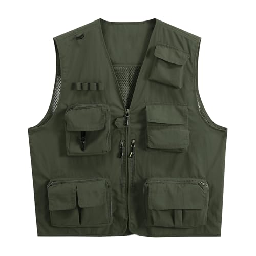 YOUTHUP Men's Outdoor Safari Outwear Gilet Hunting Hiking Fishing Multi Pocket Cargo Vest Quick Dry Photography Mesh Waistcoat Top, Green, XXL
