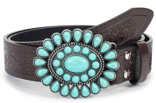 Image of Western-Leather-Belts-Women Vintage Waist-Belts with Hollow Out Flower