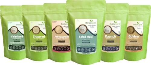 Herbal Spirit Aswagandha, Safed Musli, Kauch Ka Beej, Satavri Powder Powder with Gokhru Powder & Nela Gummadi Powder or Vidarikand Powder | Ashwagandha Safed Musli Kaunch Beej | 100gm each (Pack of 3)