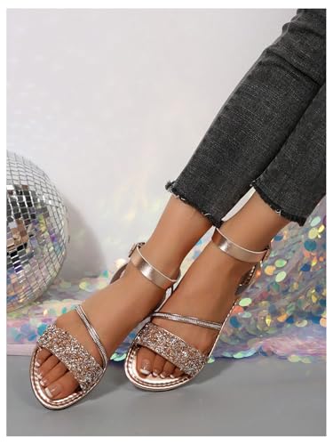GORGLITTER Women's Sequin Glitter Flat Sandals Sparkly Dressy Open Toe Bling Flats Shoes4