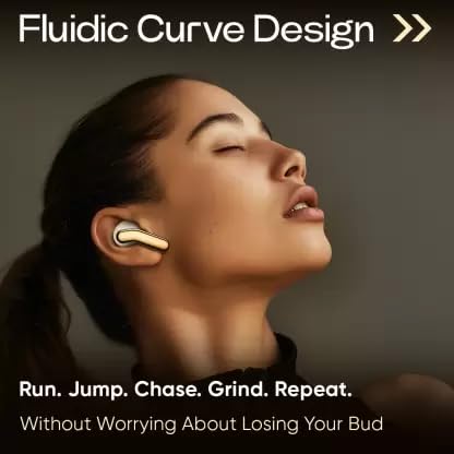 Woman wearing Mivi Duopods I6 earbuds, showcasing fluidic curve design