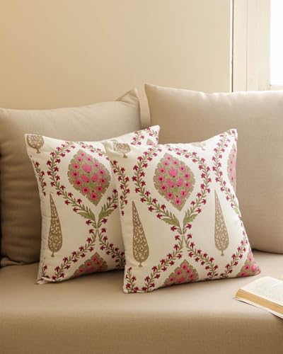 Image of Clasiko Set of 5 Cushion Covers 12x12 Inch - Duck Cotton Decorative Cushion Covers Ivory Pink Medallion