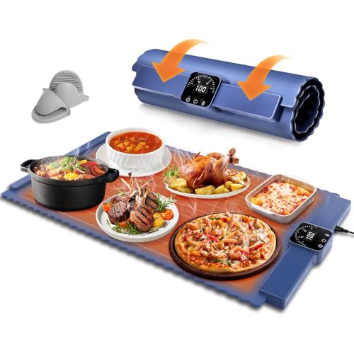 TXG Bandeja de Calentamiento Eléctrico de Silicona Plegable con 5 Temperatura Ajustable, Almohadilla de Calentador de Comida, Calentamiento Superficie Completa Rápido para...