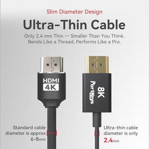 Image of Portkeys 8K HDMI Cable High-Speed HDMI Ultra Thin 10-Core Coaxial Cable, 2.4mm Diameter Cable 19-PIN Full PIN Mapping Support 8K60Hz 4K240Hz for Camera Monitor /PC /TV /PS5 /XBOX(0.5M)