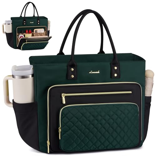 Image of LOVEVOOK Laptop Tote Bag for Women, Work Bags Computer Laptop Bag, Teacher Tote Bag, Professional Briefcase Business Large Purses Handbag Gifts, Dark Green-Black, 17 Inch