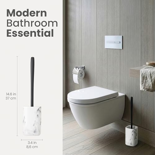 Image of Vigar Zense Toilet Brush and Holder Set, Polyresin Stone, White Marble | Toilet Bowl Brush and Holder, Compact Toilet Cleaner Brush for Bathroom Decor and Toilet Accessories Set
