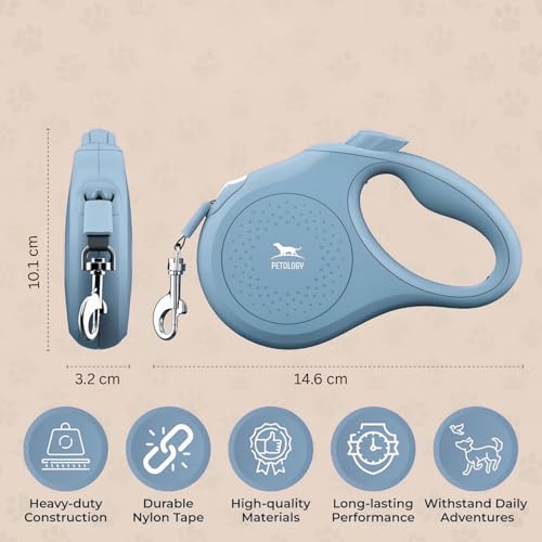 Image of Petology Retractable Dog Leash | 3 Meter (10ft) Nylon Tape | for Dogs Upto 12kgs | Heavy Duty Rope, 360 Tangle-Free, One-Hand Brake & Lock System, Anti-Slip Comfortable Grip