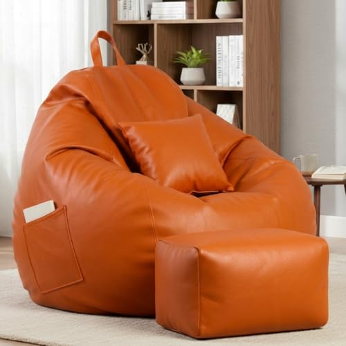 Image of Luxury 5XL Jumbo Bean Bag with Footrest & Cushion | Premium Leatherette | High-Density Beans Filled | Heavy Duty Double Stitch | 6 Months Warranty Color- (Navy Blue) (Orange)