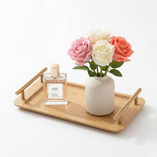 Bathroom Tray for Countertop Organizer,Bamboo Tray with Gold Handle,Vanity Tray Organizer,Multipurpose Organizer Rack for Lavatory, Restroom, and Bathroom Decoration(Original Color, 11"x6.3")