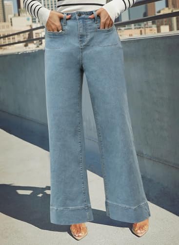 Women's Wide Leg Jeans with Straight Leg Fit - High Waisted Tummy Control & Hip Lift Trendy Stretchy Denim Pants Medium Blue — view 3