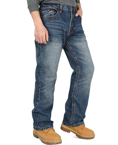 Image of BOCOMAL Non FR-Men's Heavyweight Dura-Rugged Work Jeans Mid Rise Relaxed Fit Boot Cut 7 Utility Pockets Retro Washed Jean
